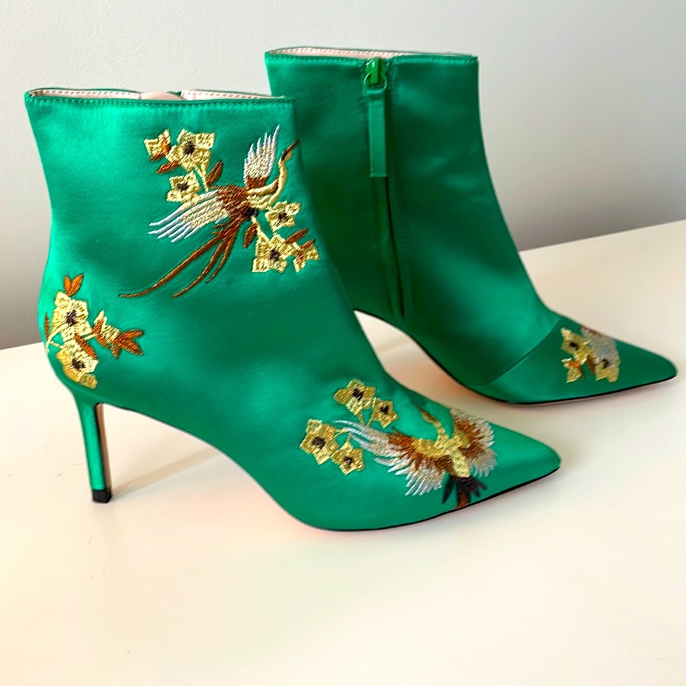 NWT Zara Green Satin Embroidered Ankle Boots Size 37